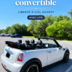 Mini Cooper cabriolet garée sur une route ensoleillée, parfaite pour des escapades en famille.