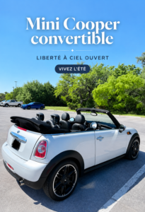 Mini Cooper cabriolet garée sur une route ensoleillée, parfaite pour des escapades en famille.