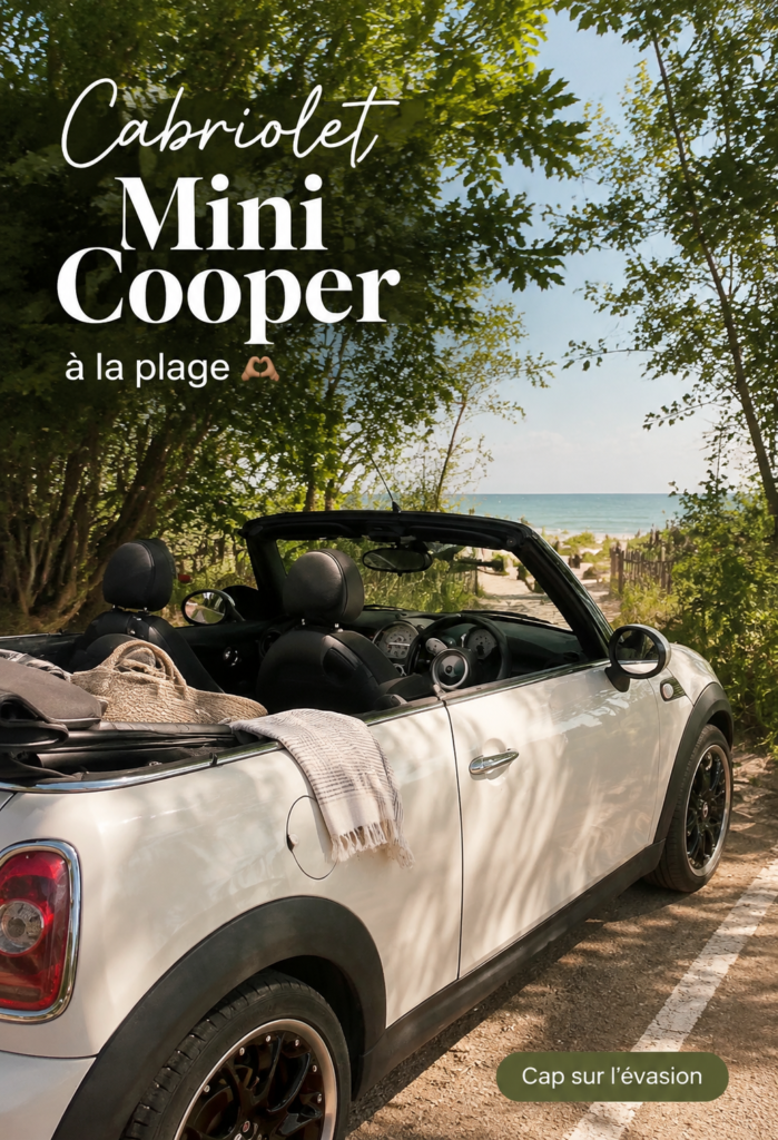 Mini Cooper garée sur la plage, prête pour une sortie en famille.