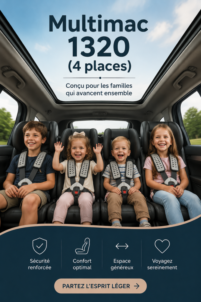 Image du siège Multimac 1320 installé dans une voiture familiale, montrant son design adapté aux enfants