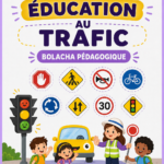 Panneau éducatif coloré sur la sécurité routière destiné aux enfants, avec des illustrations de signaux routiers.