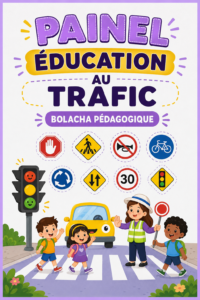 Panneau éducatif coloré sur la sécurité routière destiné aux enfants, avec des illustrations de signaux routiers.