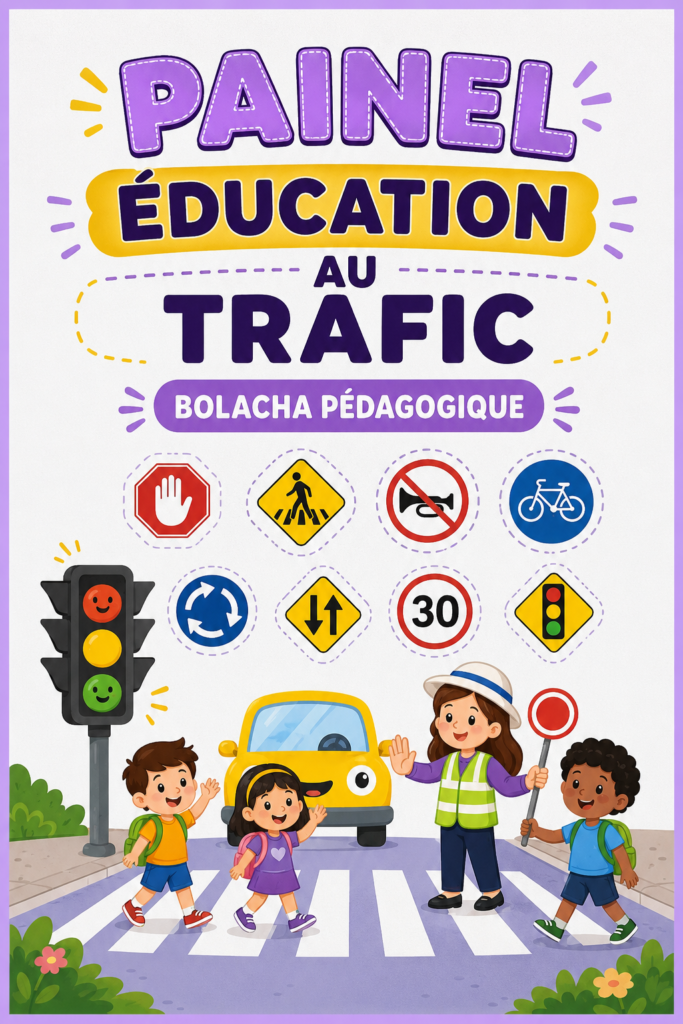 Panneau éducatif coloré sur la sécurité routière destiné aux enfants, avec des illustrations de signaux routiers.