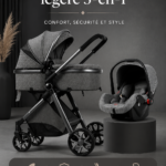 Poussette 3 en 1 légère pour bébé en couleur grise, parfaite pour les promenades en famille.