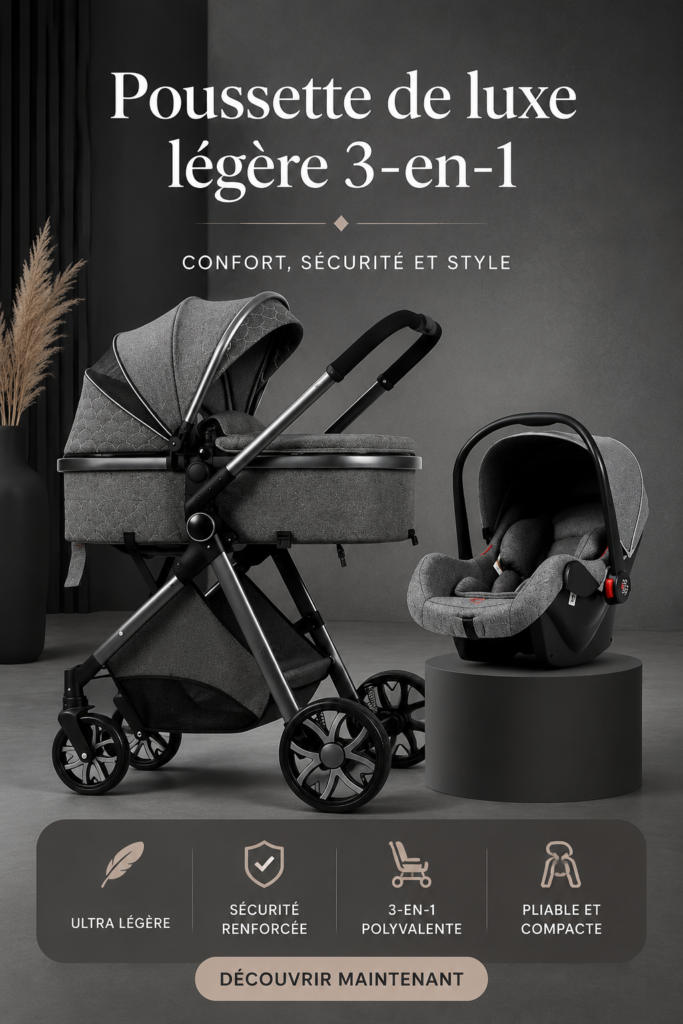 Poussette 3 en 1 légère pour bébé en couleur grise, parfaite pour les promenades en famille.