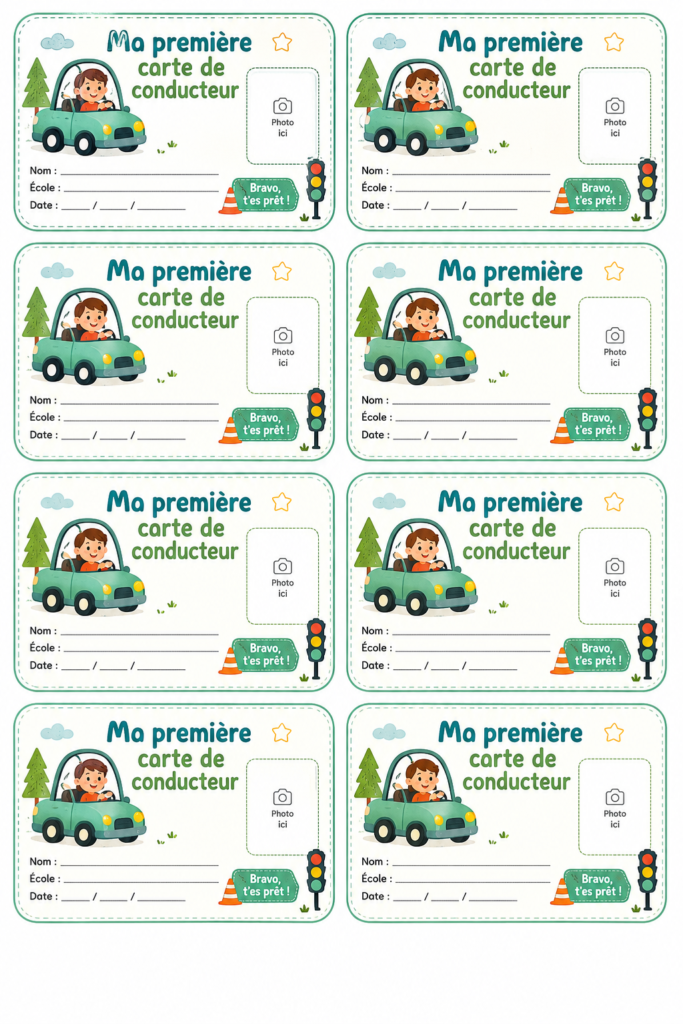 Femme souriante tenant son permis de conduire dans une voiture.