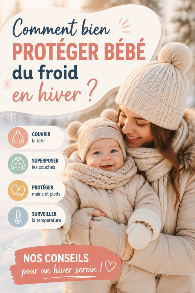 Bébé emmitouflé dans un manteau avec un bonnet pour l'hiver.