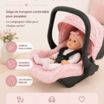 Un siège auto pour poupées installé dans une voiture avec des poupées assises confortablement.