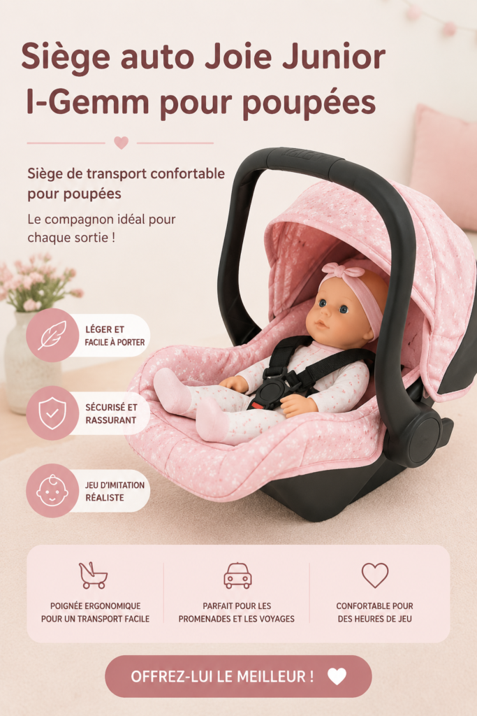 Un siège auto pour poupées installé dans une voiture avec des poupées assises confortablement.