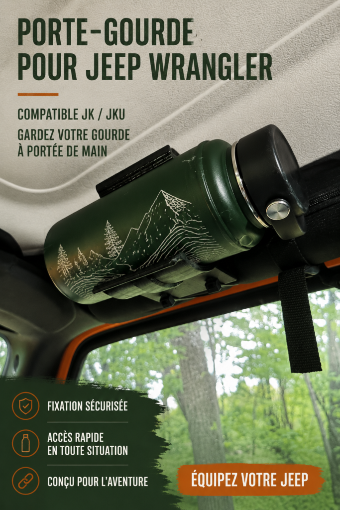 Support pour bouteille d'eau installé dans une Jeep Wrangler, prête pour une balade en famille.