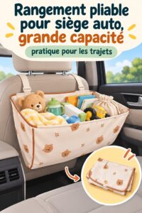 Sac de rangement pliable pour voiture organisé avec des jouets et accessoires.