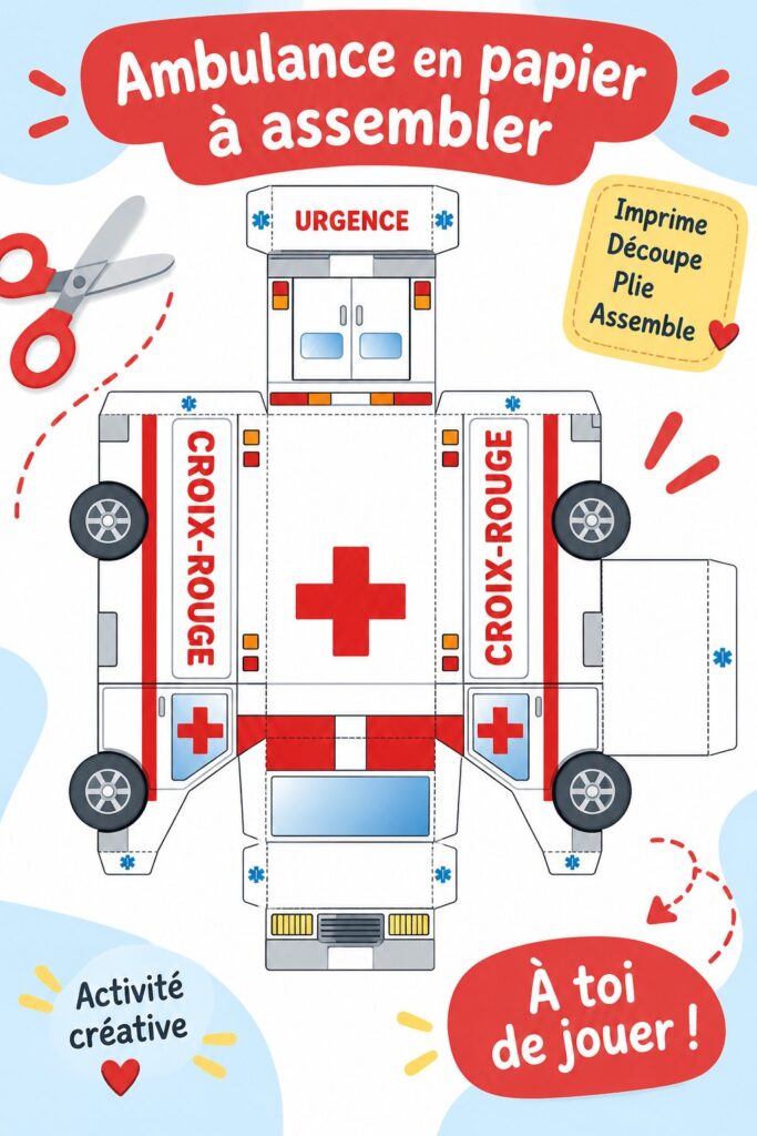 Ambulance en papier coloré réalisée par des enfants, symbolisant un moment créatif et ludique.