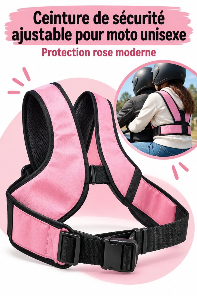 Une ceinture de sécurité rose pour enfant installée dans une voiture, symbole de sécurité routière.