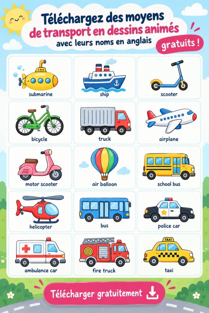 Une collection de dessins animés de véhicules colorés pour enfants.