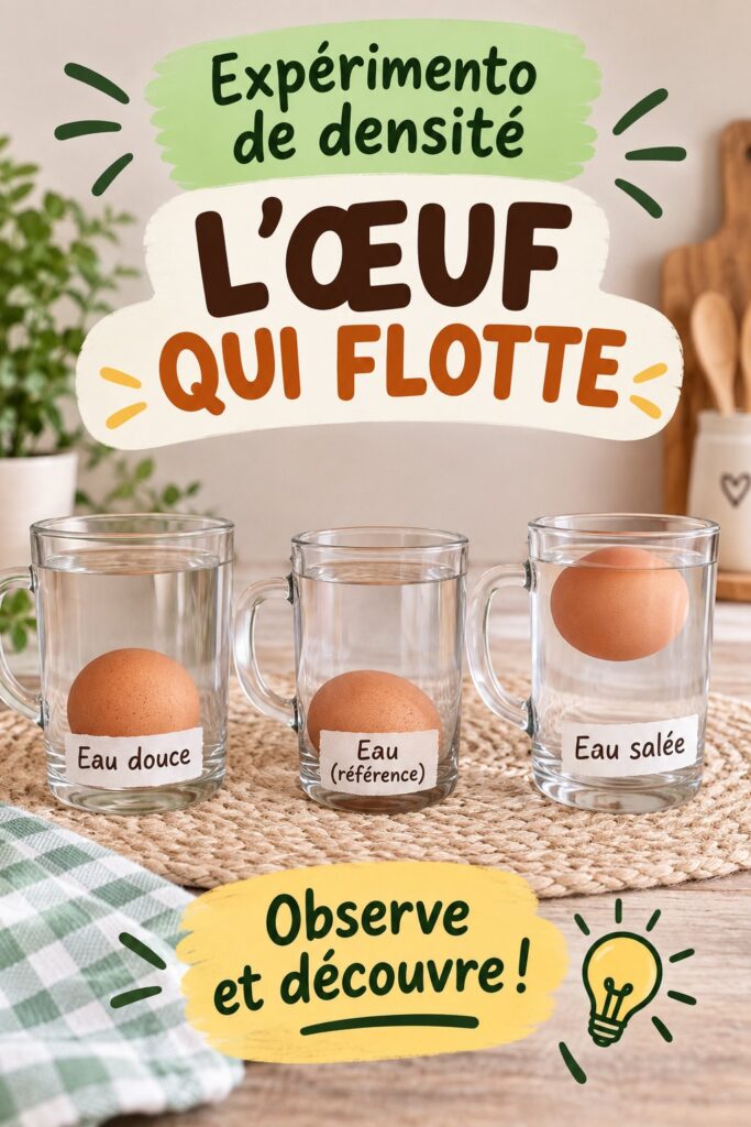 Un enfant réalisant l'expérience de l'œuf flottant dans un bol d'eau, découvrant le concept de densité.