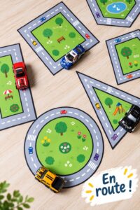 Enfant jouant à un jeu de forme en voiture, concentré et amusé
