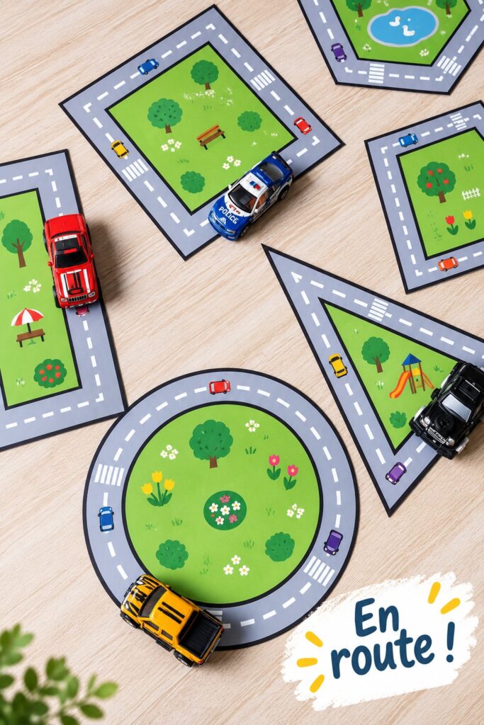 Enfant jouant à un jeu de forme en voiture, concentré et amusé
