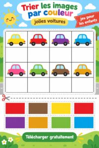 Enfant jouant avec des voitures en papier colorées, apprenant à trier les couleurs.