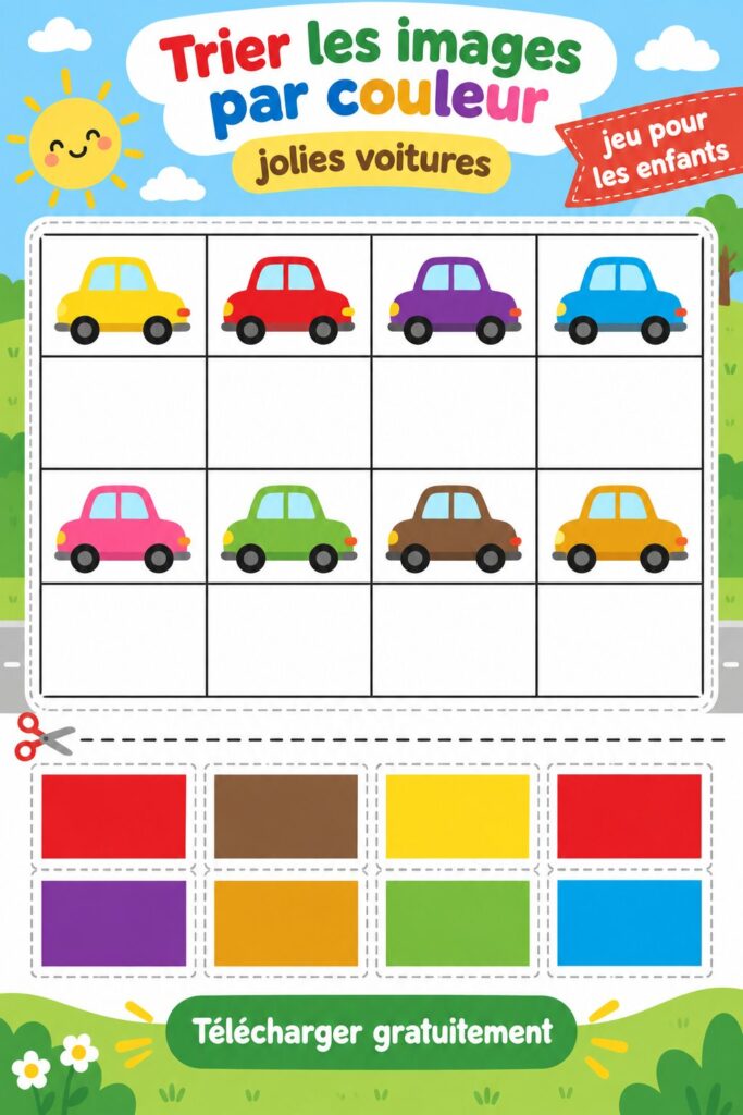 Enfant jouant avec des voitures en papier colorées, apprenant à trier les couleurs.