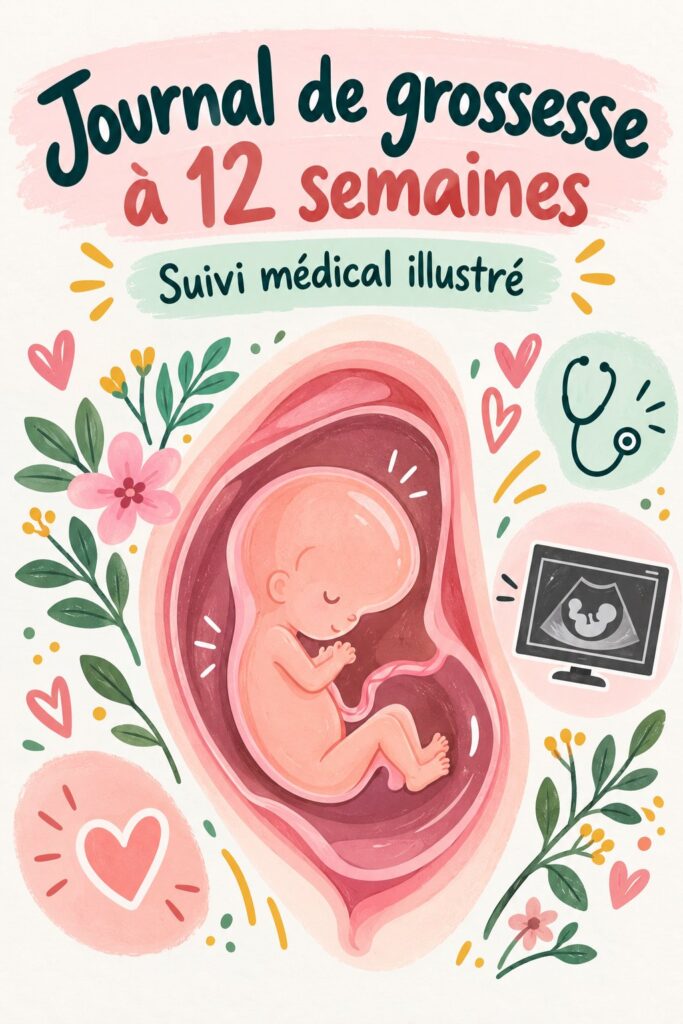 Un journal de grossesse ouvert avec des notes et des photos de 12 semaines.