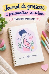 Un journal de grossesse ouvert avec des photos et des notes, symbolisant un souvenir précieux.