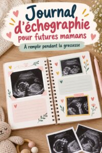 Une maman souriante feuilletant son journal de grossesse avec des échographies en fond.
