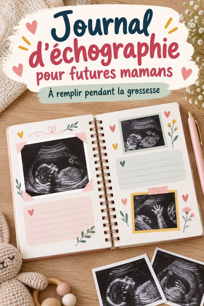 Une maman souriante feuilletant son journal de grossesse avec des échographies en fond.