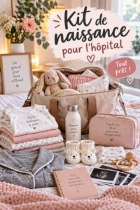 Kit de naissance préparé avec soin pour l'hôpital, comprenant des vêtements pour bébé et des articles essentiels.