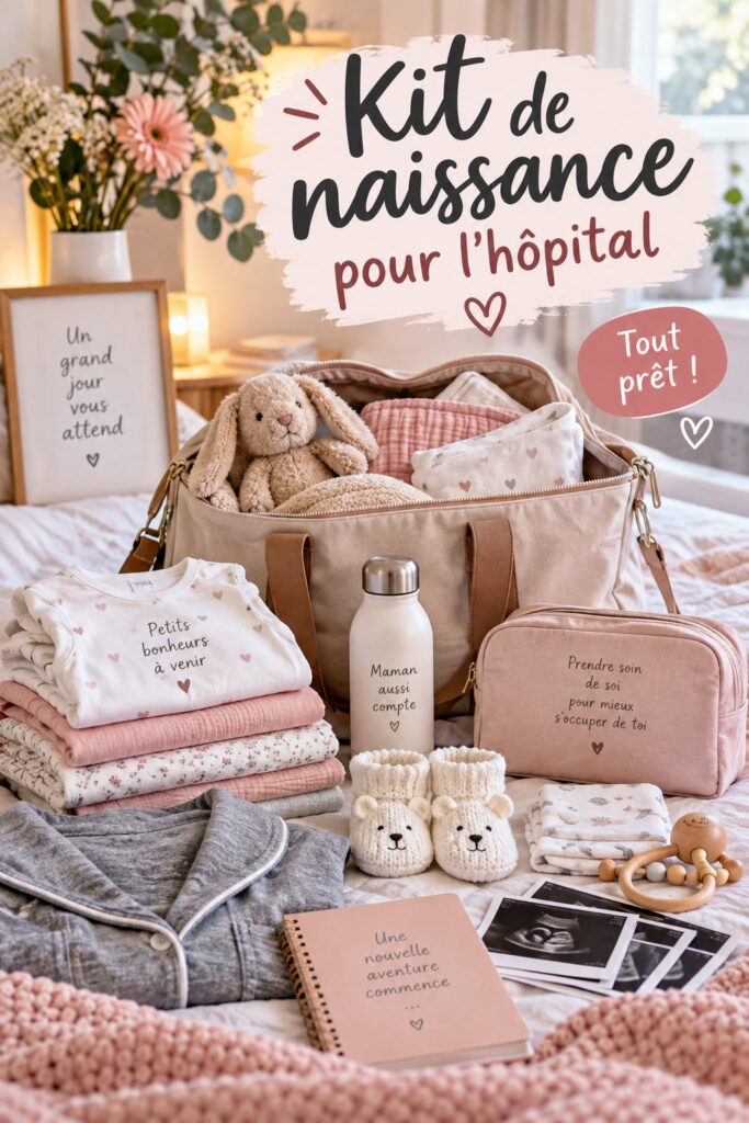Kit de naissance préparé avec soin pour l'hôpital, comprenant des vêtements pour bébé et des articles essentiels.