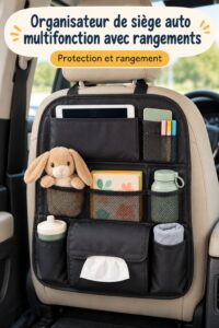 Organisateur de voiture pour enfants avec plusieurs poches de rangement en cuir.