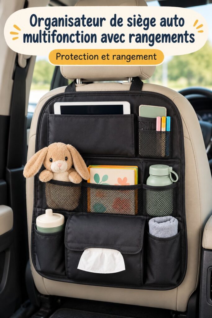 Organisateur de voiture pour enfants avec plusieurs poches de rangement en cuir.