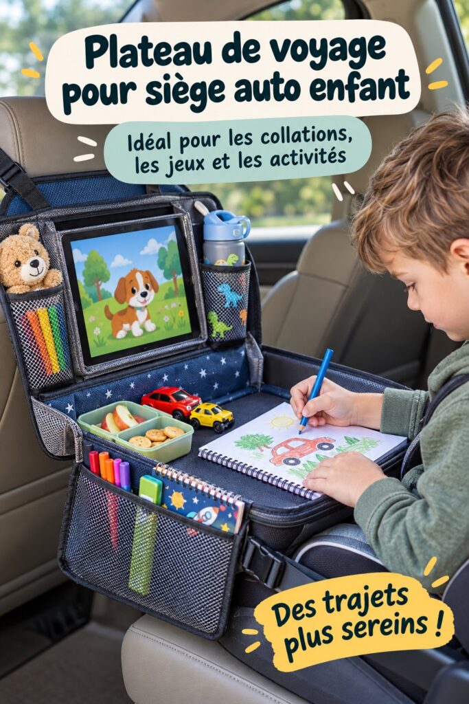 Un enfant utilise un plateau de voyage coloré pour jouer et manger pendant un trajet en voiture.