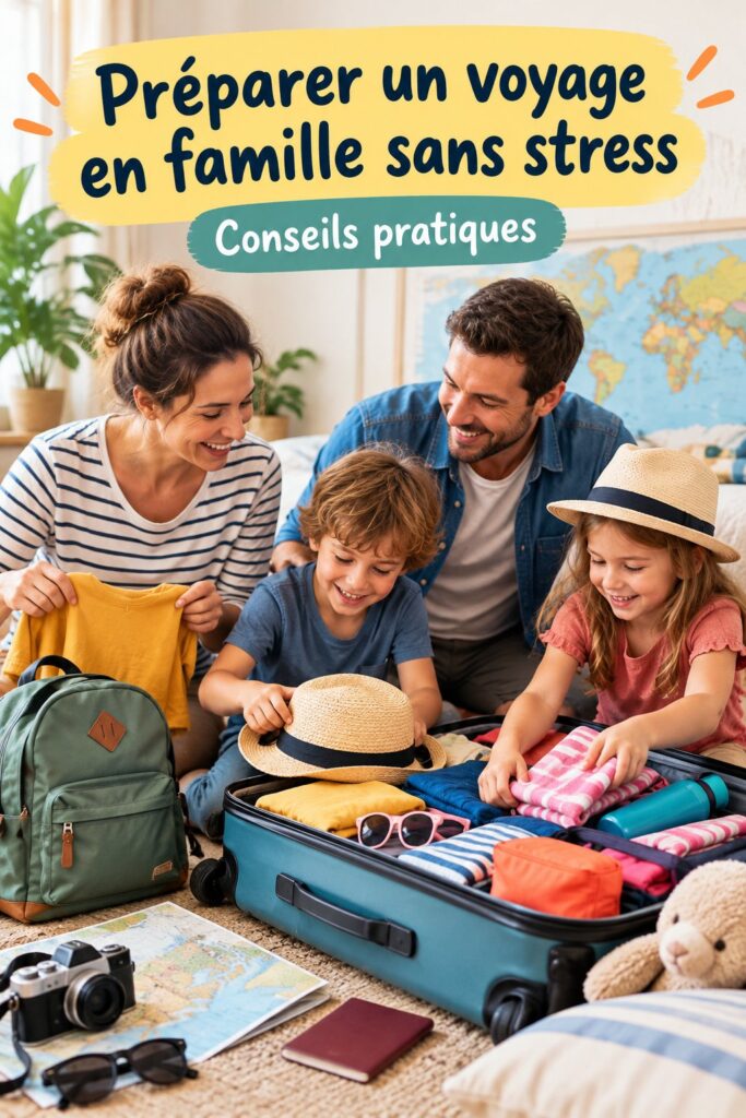 Famille préparant un voyage en voiture avec des enfants