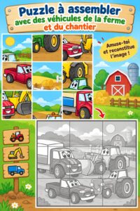 Un enfant jouant avec un puzzle de transport, montrant des véhicules tels que camions et voitures.