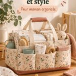 Un élégant sac à langer adapté aux mamans, avec une trousse de toilette assortie sur un fond neutre.
