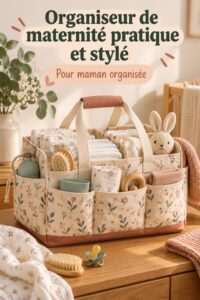 Un élégant sac à langer adapté aux mamans, avec une trousse de toilette assortie sur un fond neutre.