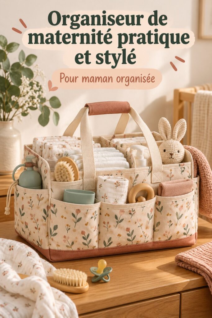 Un élégant sac à langer adapté aux mamans, avec une trousse de toilette assortie sur un fond neutre.