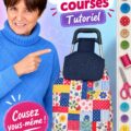 Sac de courses en tissu cousu à la main et accroché à un chariot de courses.