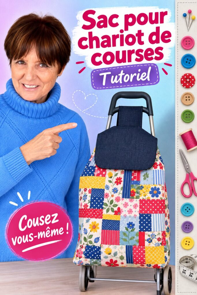 Sac de courses en tissu cousu à la main et accroché à un chariot de courses.