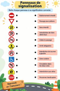 Un enfant observant des signaux de circulation pendant un trajet en voiture, illustrant l'importance de la sécurité routière.