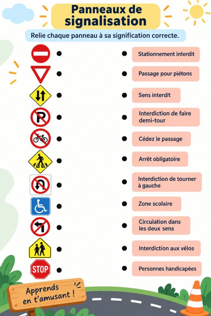 Un enfant observant des signaux de circulation pendant un trajet en voiture, illustrant l'importance de la sécurité routière.