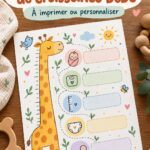 Journal de croissance pour bébé avec des illustrations colorées et des espaces pour des photos.