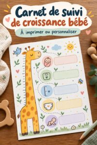 Journal de croissance pour bébé avec des illustrations colorées et des espaces pour des photos.