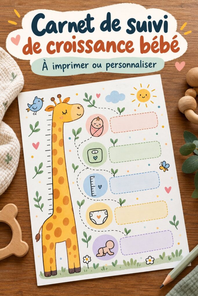 Journal de croissance pour bébé avec des illustrations colorées et des espaces pour des photos.