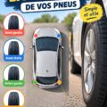 Femme vérifiant la position de ses pneus sur une voiture familiale.