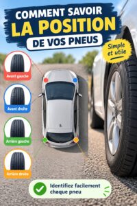 Femme vérifiant la position de ses pneus sur une voiture familiale.