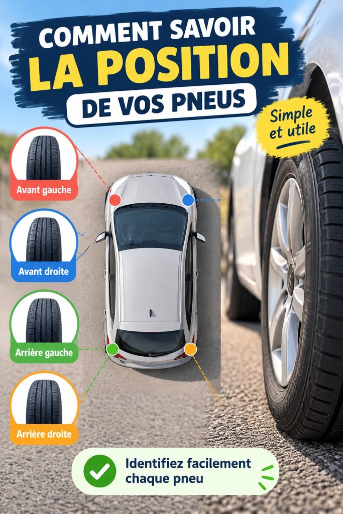 Femme vérifiant la position de ses pneus sur une voiture familiale.