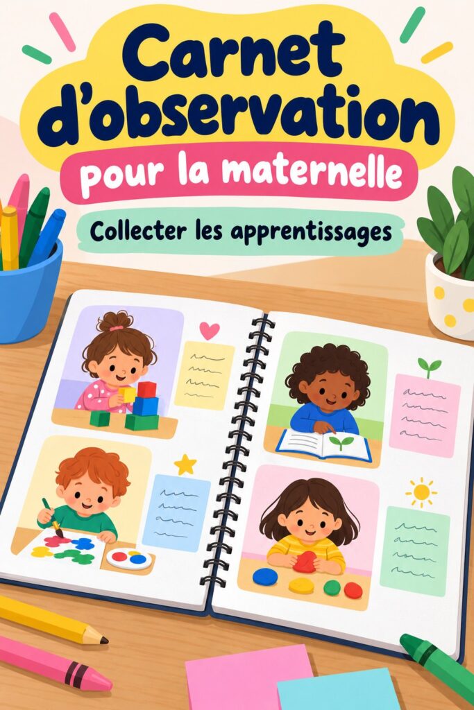 Carnet d'observation coloré pour enfants en maternelle, posé sur une table avec des crayons.