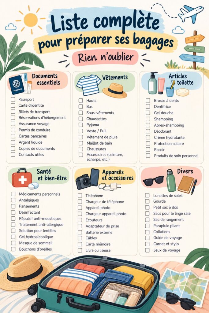 Check-list pratique pour un voyage en voiture avec enfants, incluant des accessoires indispensables.