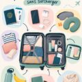 Famille préparant un bagage à main pour un voyage en voiture avec leurs enfants.